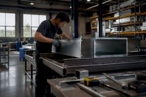 Hands assembling HVAC plenum in workshop