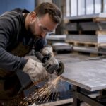 Ouvrier métallurgiste meulant un bord chanfreiné sur une plaque d'acier