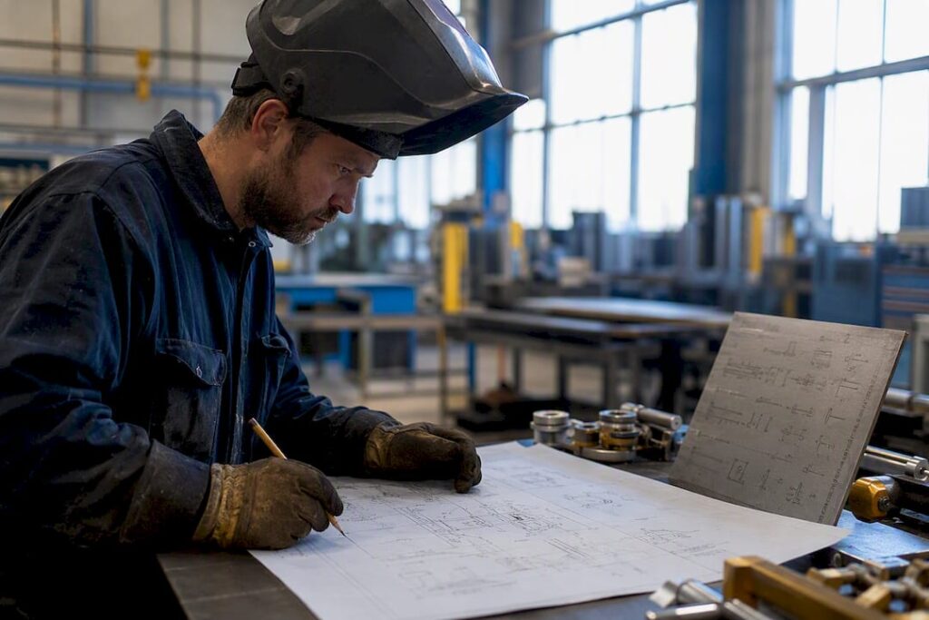 Welder marking welding symbol on blueprint