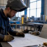 Welder marking welding symbol on blueprint