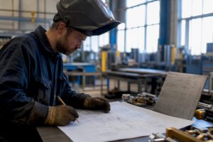 Welder marking welding symbol on blueprint