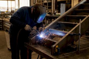 Metalworker welding stair stringer in workshop