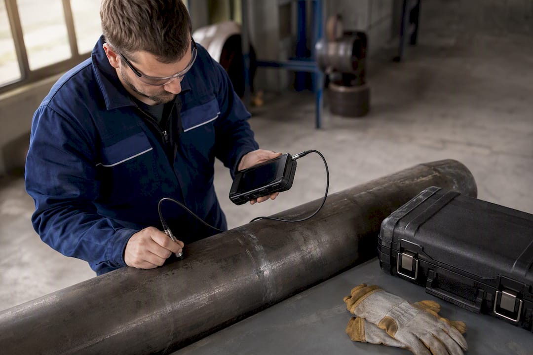Technicien réalisant un contrôle ultrasonore de corrosion sur un tuyau métallique