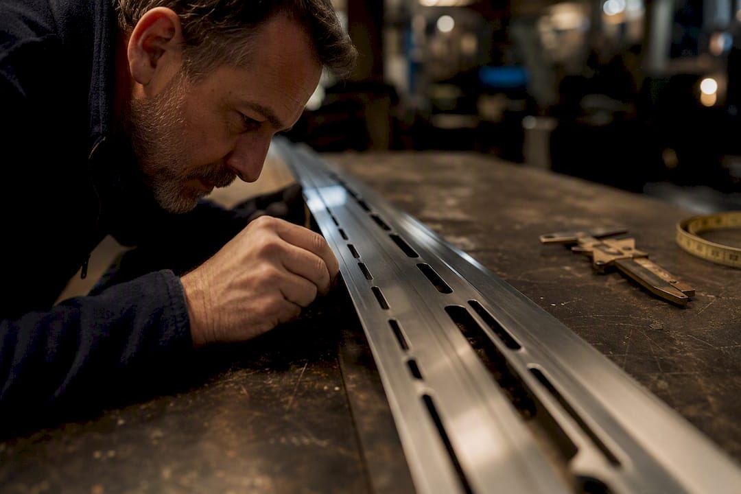 Long laser cut sheet being inspected