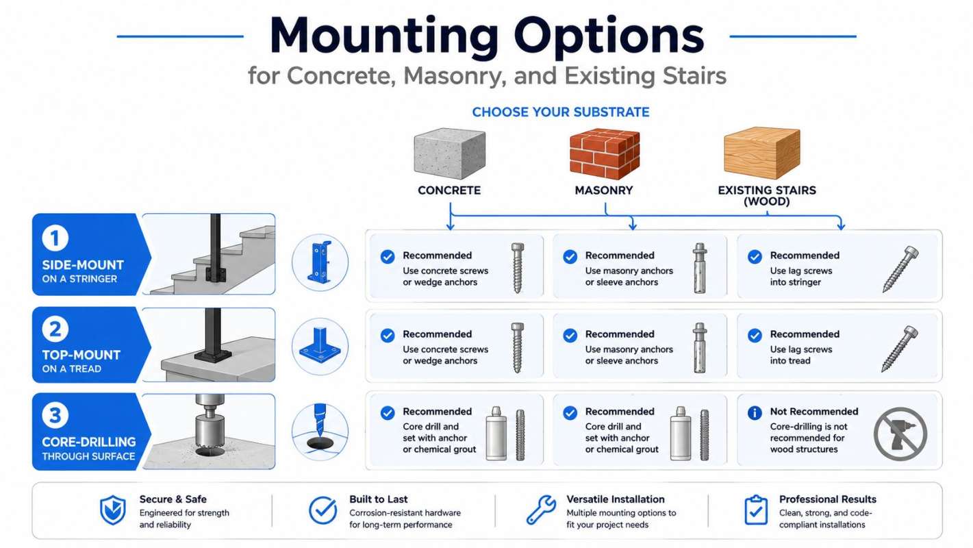 A chart detailing various mounting options for installing railings on concrete, masonry, and wood stair surfaces.