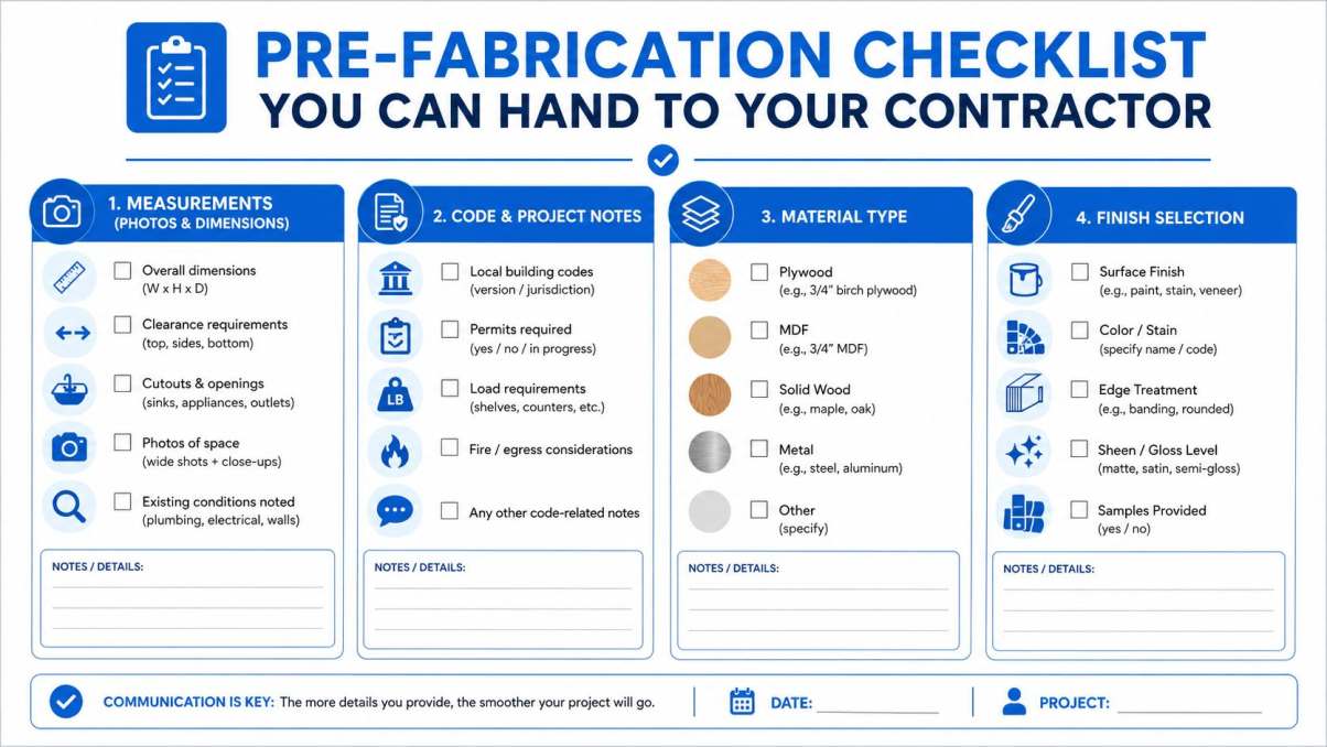 A comprehensive pre-fabrication checklist infographic designed for homeowners to provide essential project details to their professional contractor.