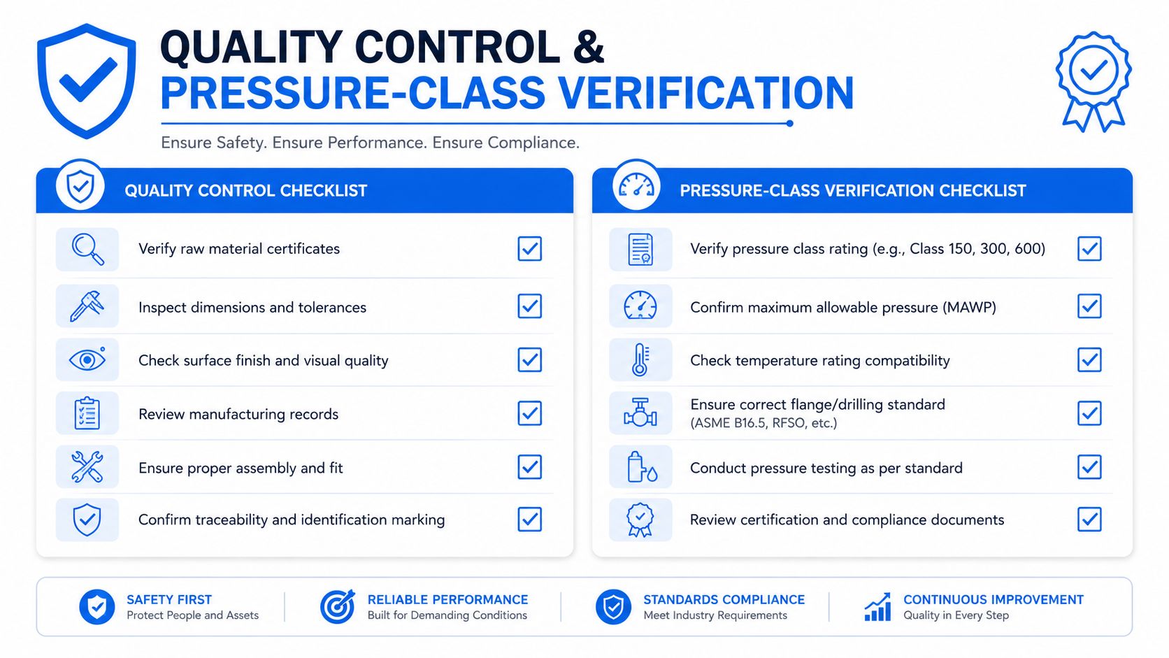 A professional infographic outlining quality control and pressure-class verification checklists for industrial manufacturing components and safety compliance.