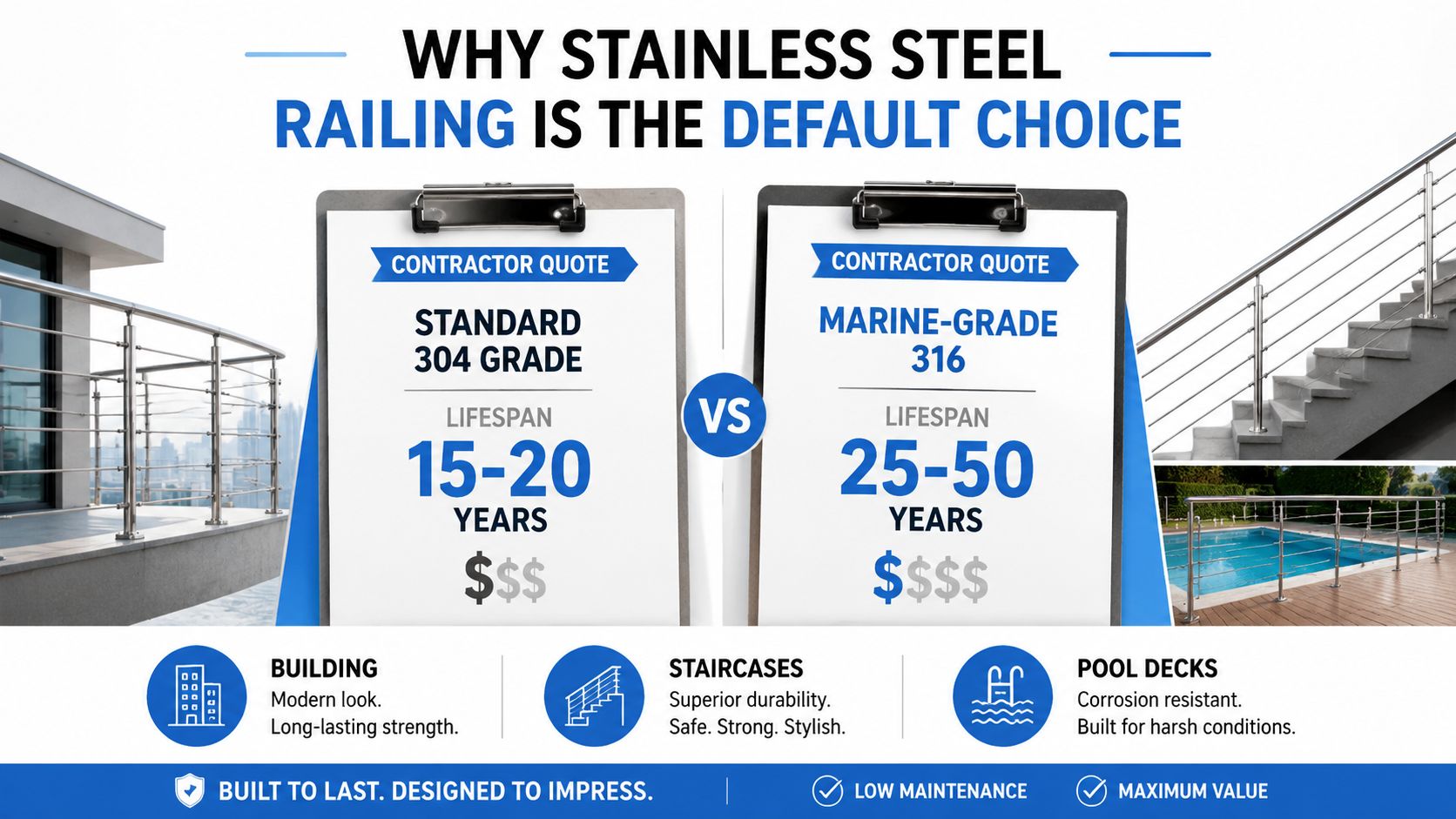 A comparison graphic showing the differences between standard 304 grade and marine-grade 316 stainless steel railings.