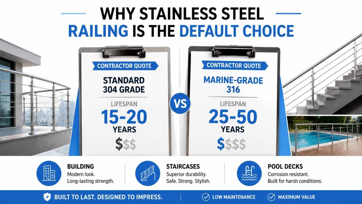 A comparison graphic showing the differences between standard 304 grade and marine-grade 316 stainless steel railings.