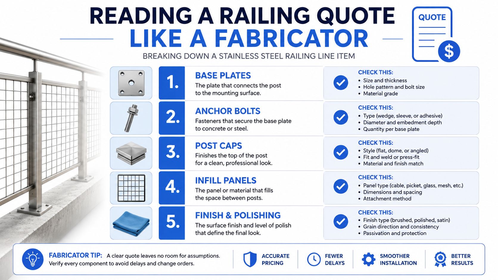 An infographic detailing five key components of a stainless steel railing quote for professional construction projects.