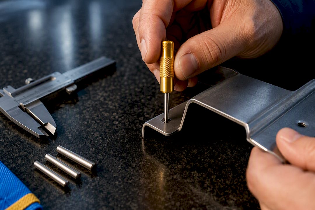 Pin gauge checking hole alignment after bending