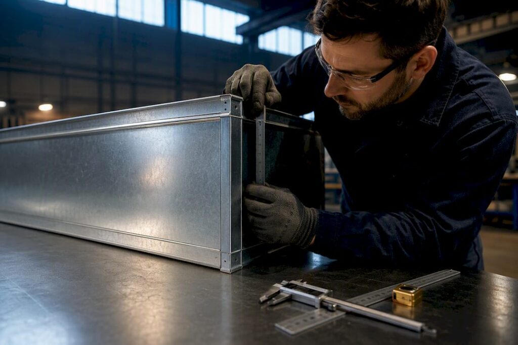 Technician measuring rectangular duct dimensions