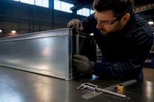 Technician measuring rectangular duct dimensions