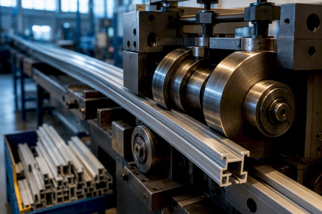 Profilé en aluminium glissant entre des rouleaux