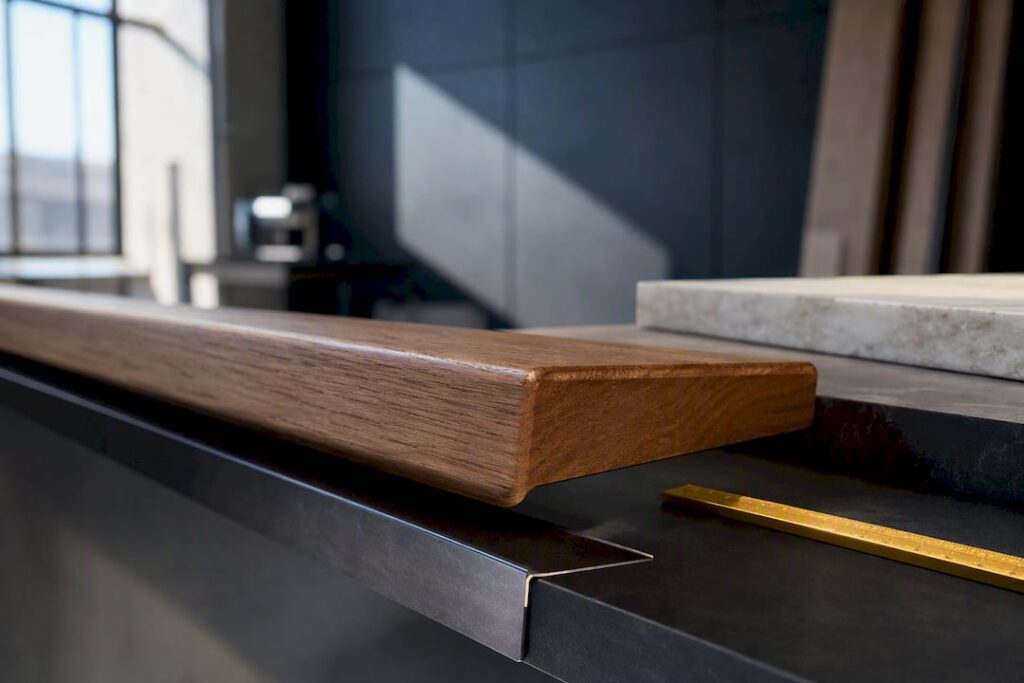 Contrasting wood and metal stair tread details