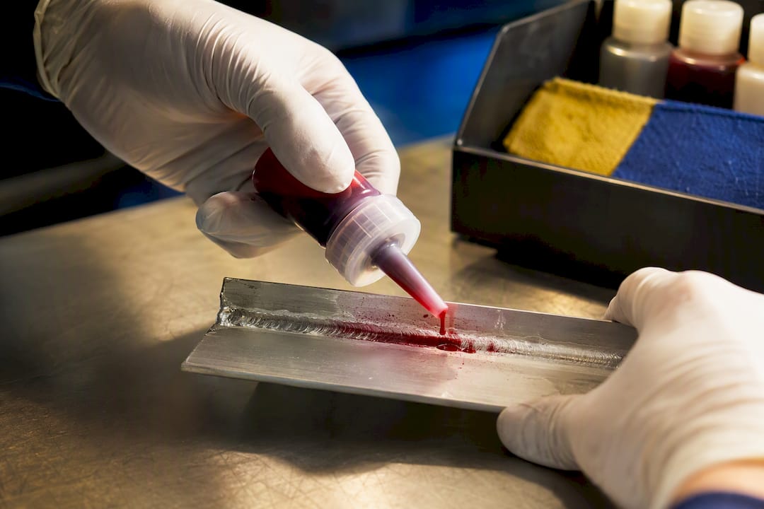 Dye penetrant applied to aluminum weld