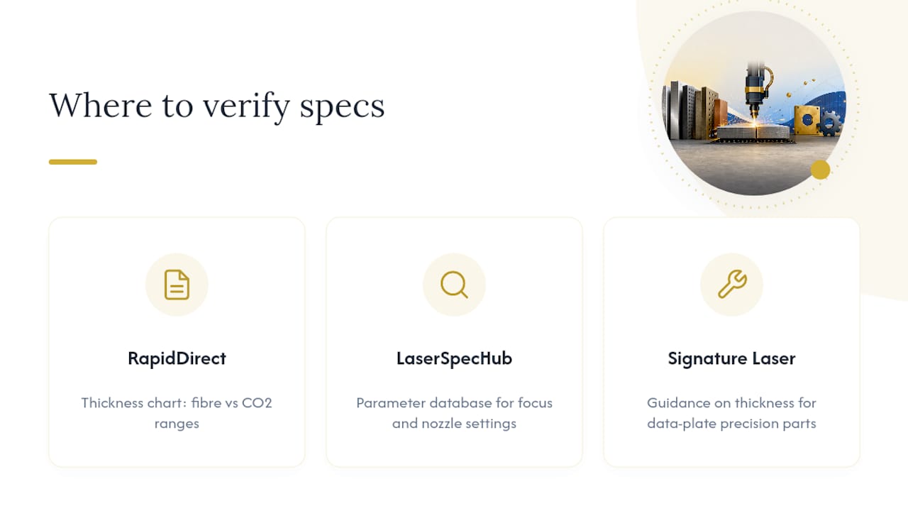 Where to verify machine specs and cutting standards — overview diagram