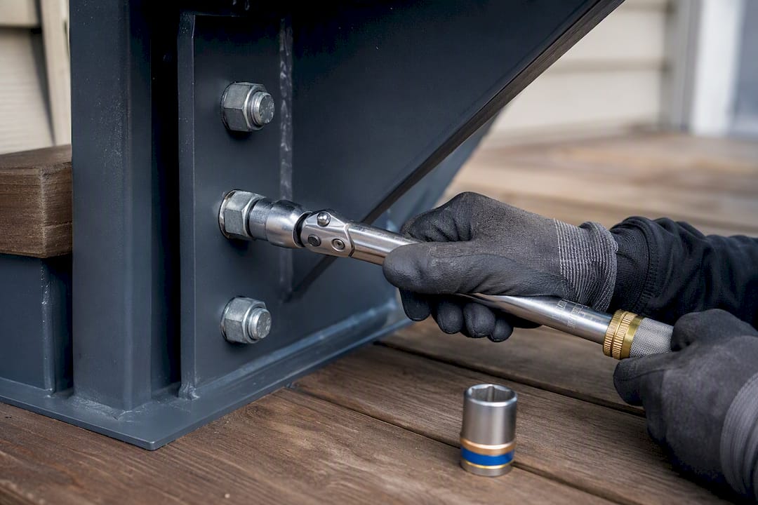Installer tightening stair stringer connection bolt