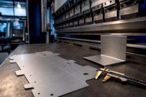 Tôle plate et pièce pliée devant la presse plieuse