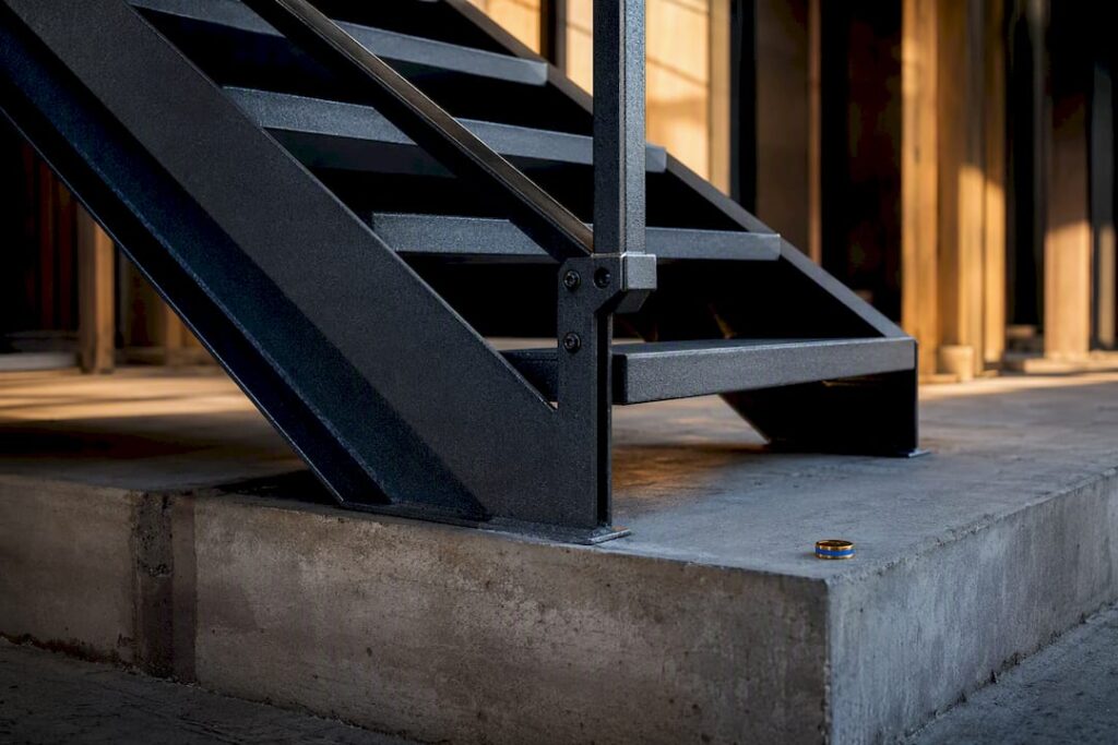 Cropped steel stair installation at renovation site