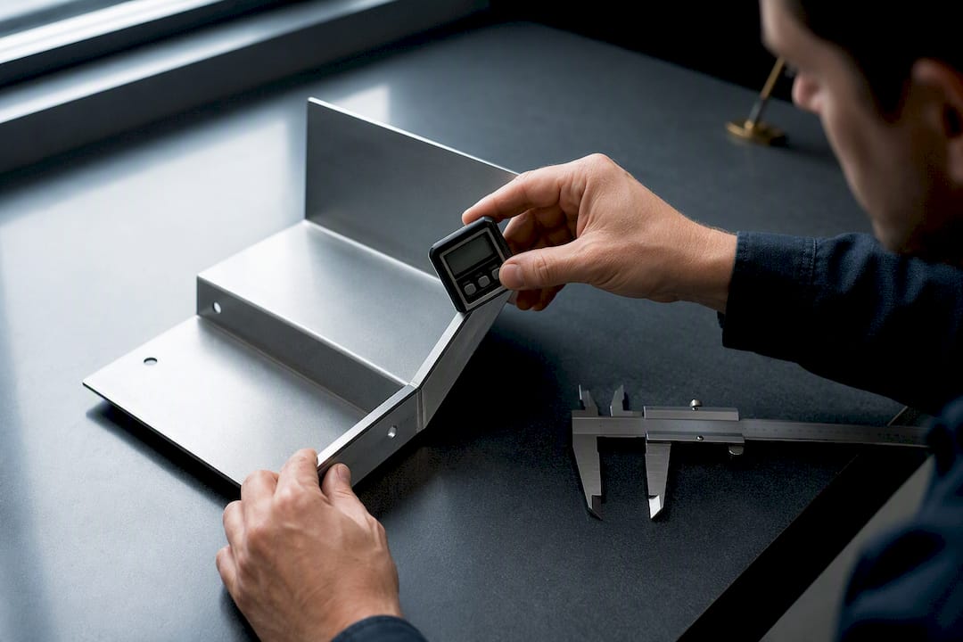 Technician measuring sheet-metal bend angle