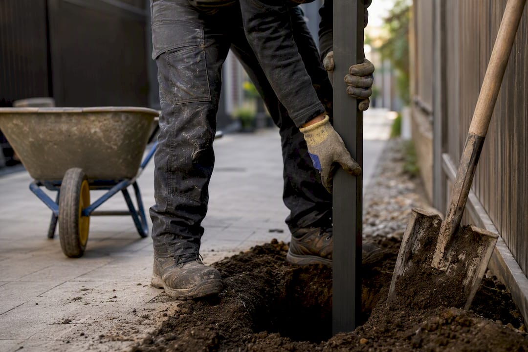 Contractor manually setting steel fence post