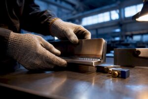 Inspector examining anonymous welded metal samples