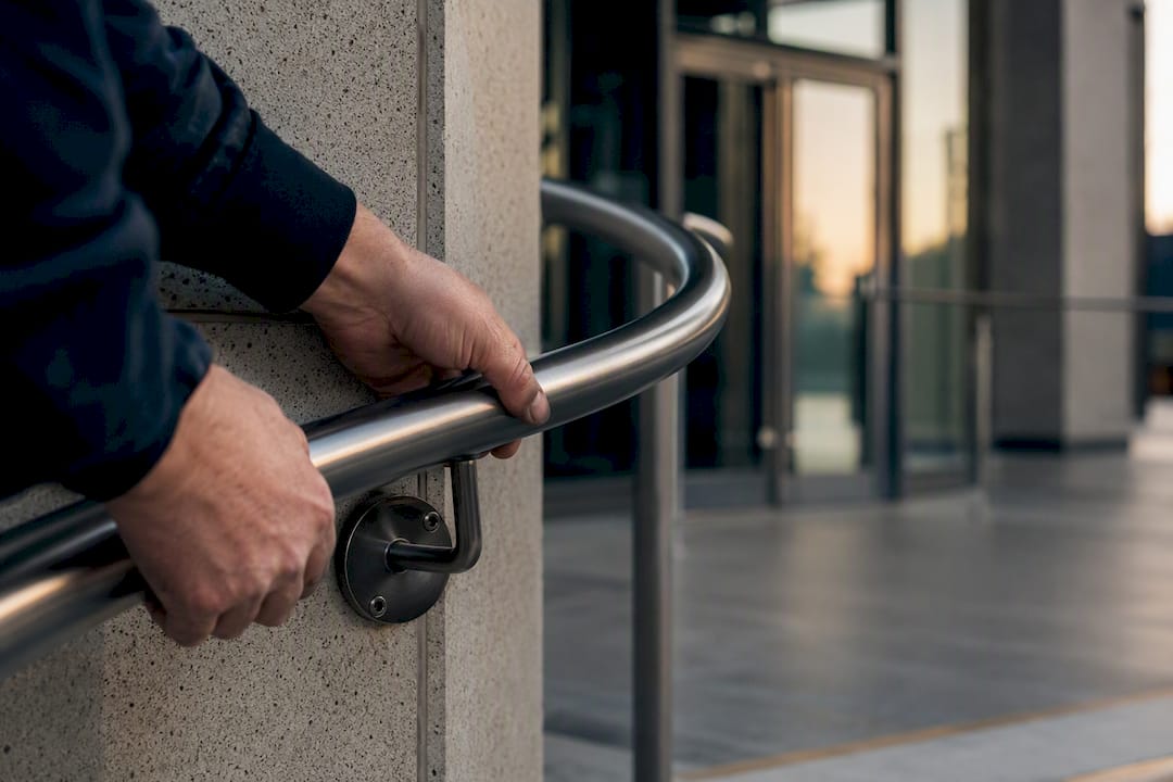 Installer aligning curved handrail at building entrance