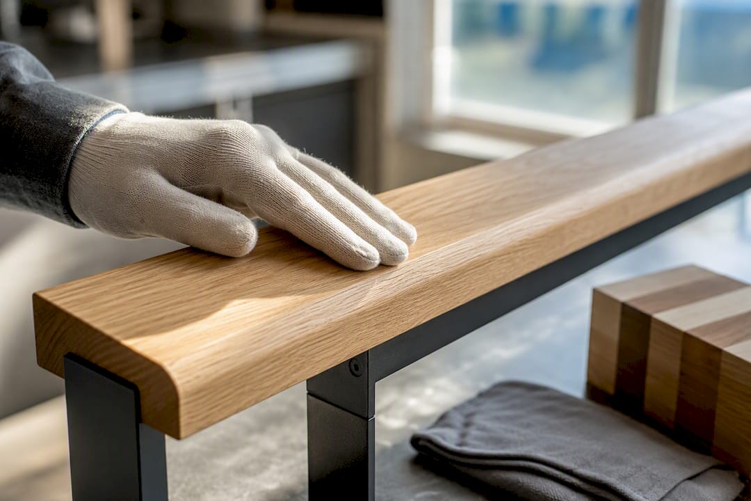 Main effleurant une rampe en bois