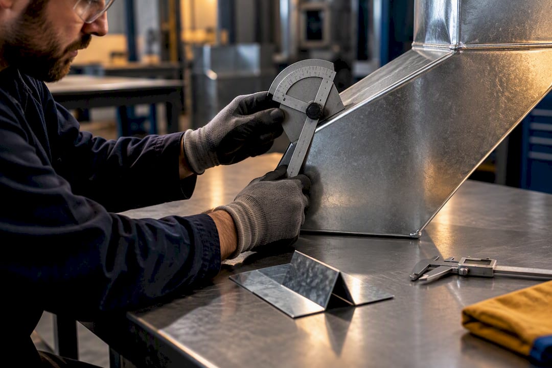 Fabricator checking custom duct fitting dimensions