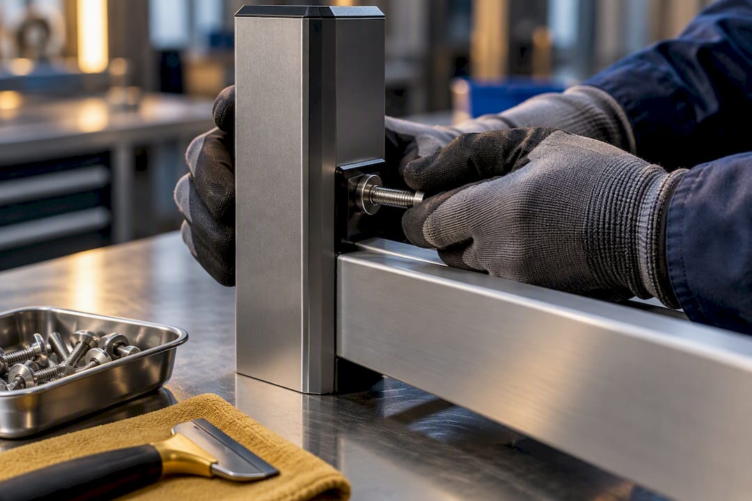 Stainless fastener beside sealed aluminum edge