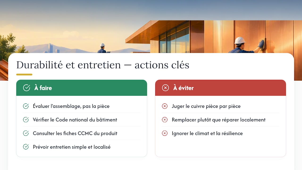 Durabilité, entretien et conformité aux codes — overview diagram