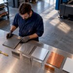 Laser-cut metal samples in fabrication shop
