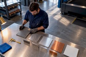 Laser-cut metal samples in fabrication shop