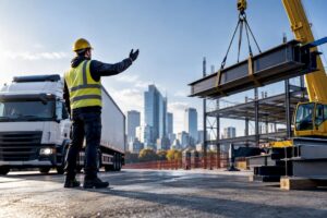 Camion s'approchant d'une zone de levage métallique