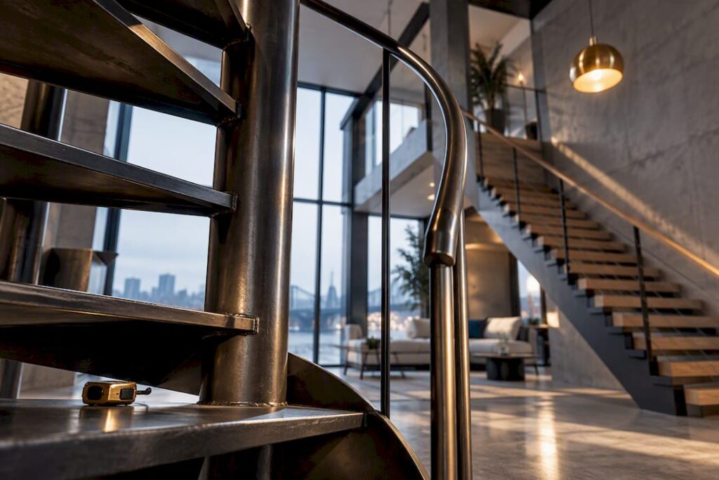 Cropped spiral and straight stair forms in loft