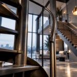 Cropped spiral and straight stair forms in loft