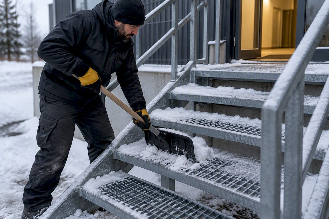 Worker clearing snow from open metal stair grating