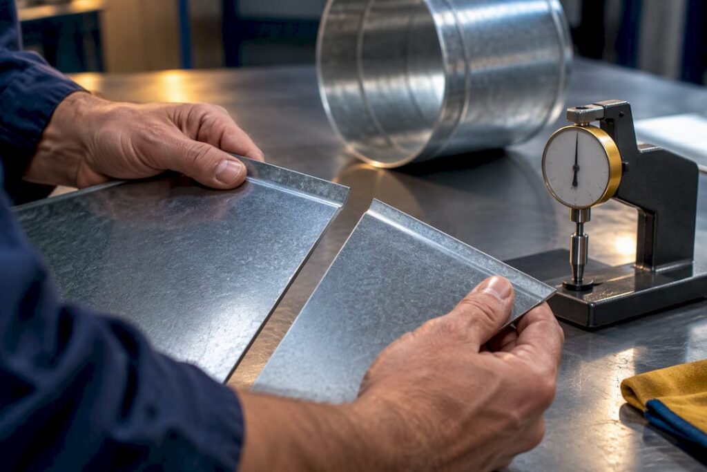 Hands checking sheet metal thickness