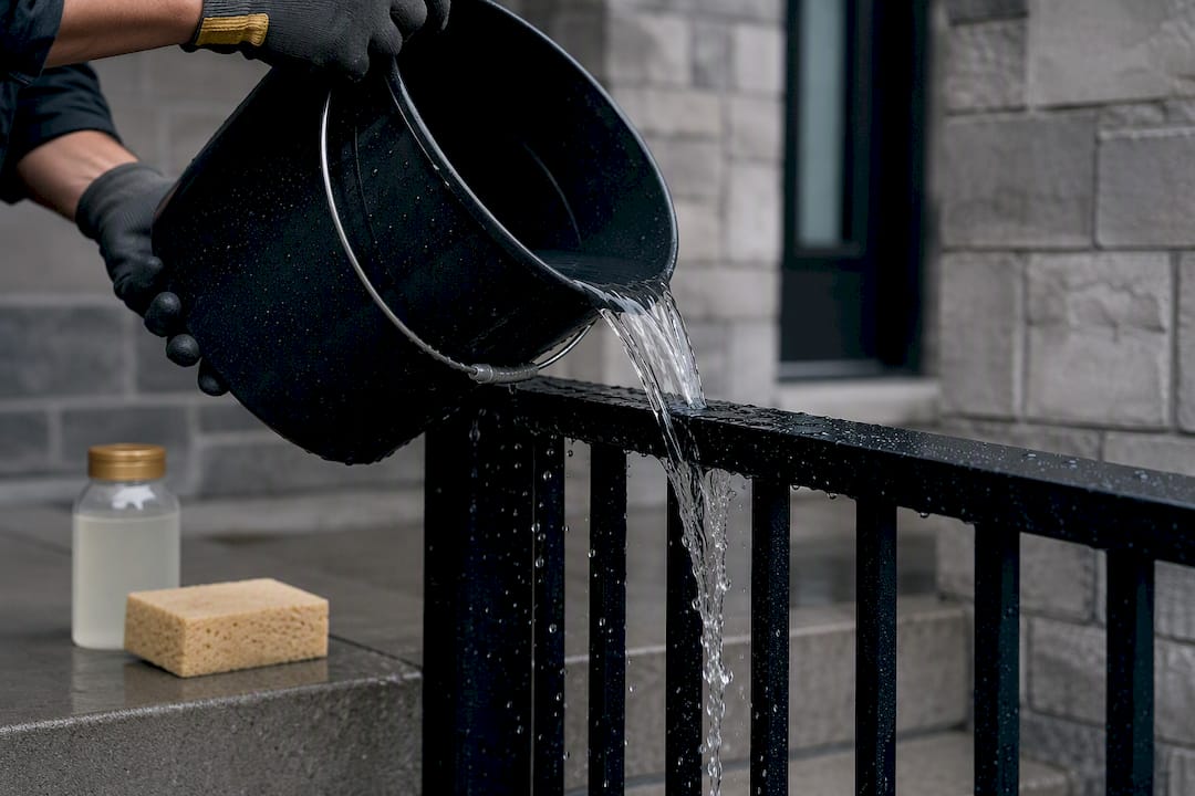 Hands rinsing coated metal railing surface