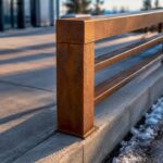 Weathering steel railing beside snowy walkway