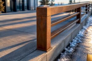 Weathering steel railing beside snowy walkway