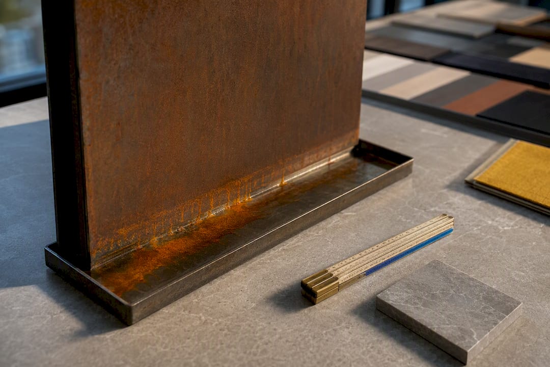 Weathering steel mockup showing rust runoff
