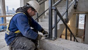 Installer securing field-bolted steel railing connection