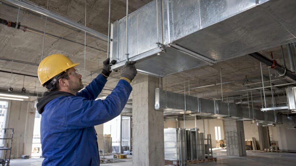 Installer checking suspended rectangular duct supports