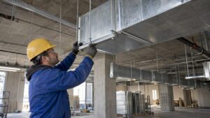 Installer checking suspended rectangular duct supports