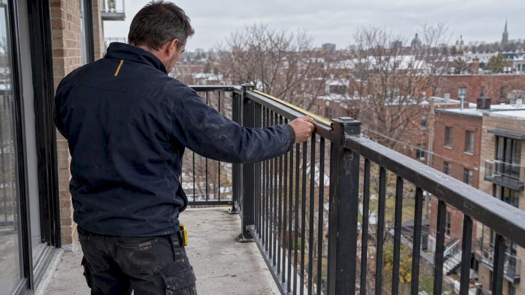 Entrepreneur prenant les mesures d’un garde-corps de balcon