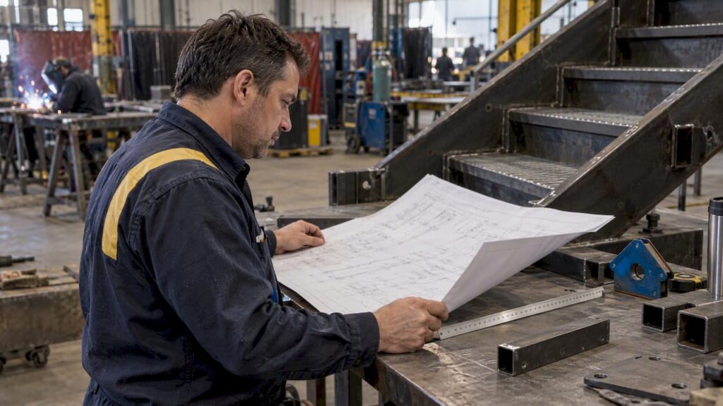 Fabricator reviewing shop drawing beside steel component