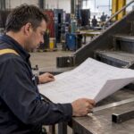 Fabricator reviewing shop drawing beside steel component