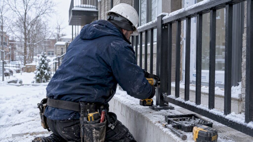 Pose hivernale d’un garde-corps métallique